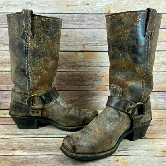 Frye Harness Distressed Moto Brown Boots Size 8